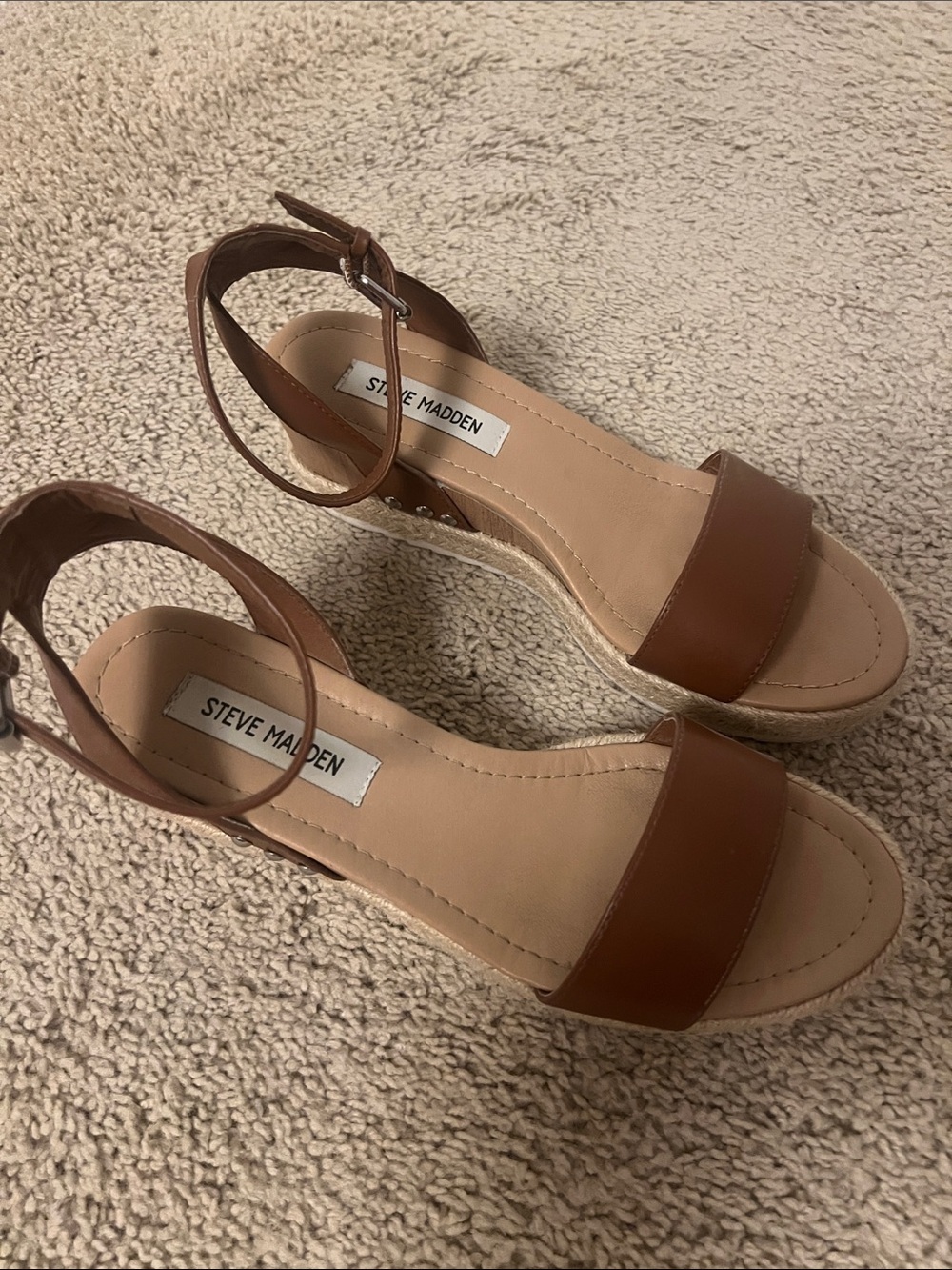 Steve Madden Brown Leather Ankle-Strap Espadrille Wedges